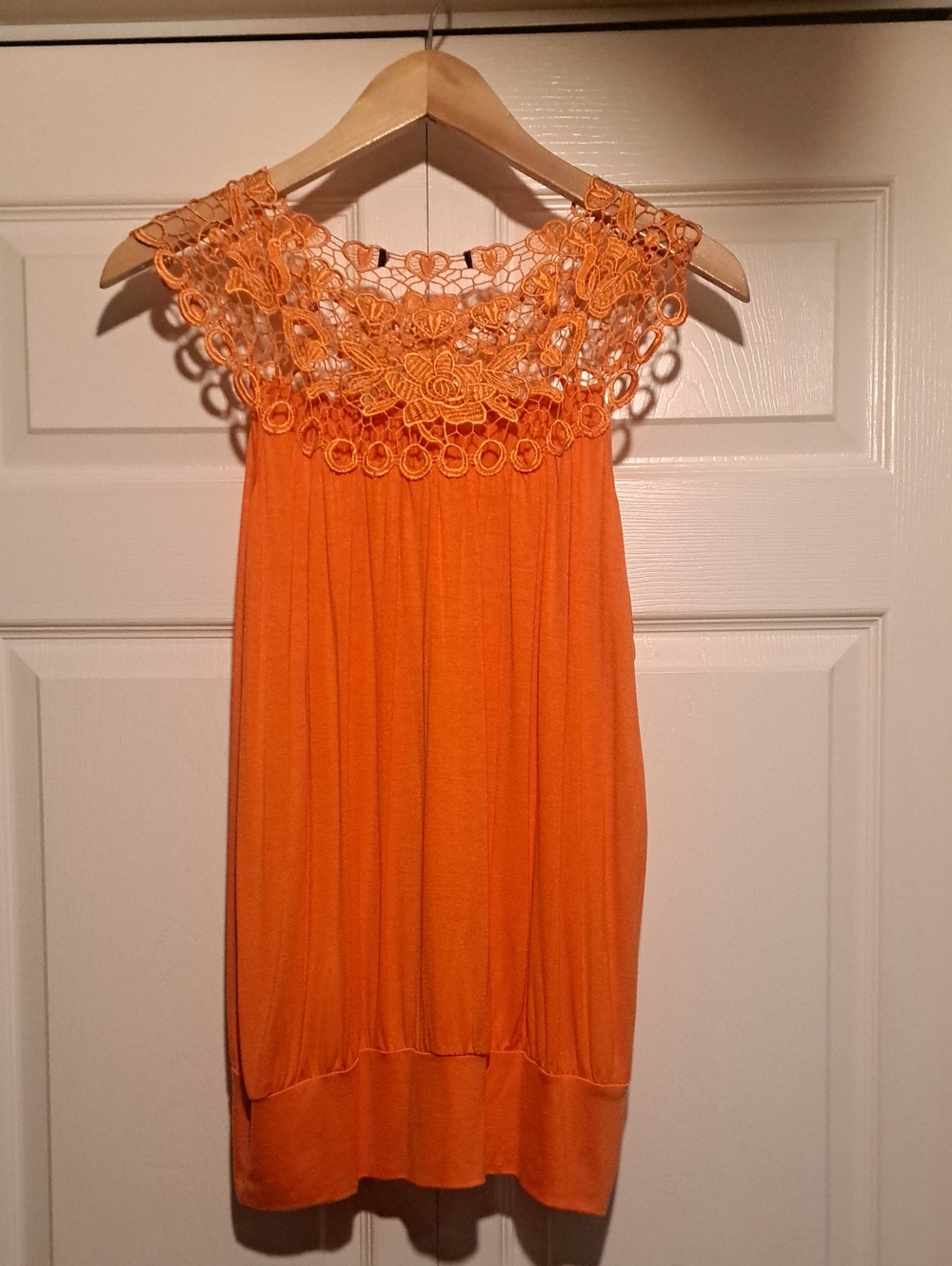 Womenโs Coral Peach Crochet Yoke Sleeveless Top